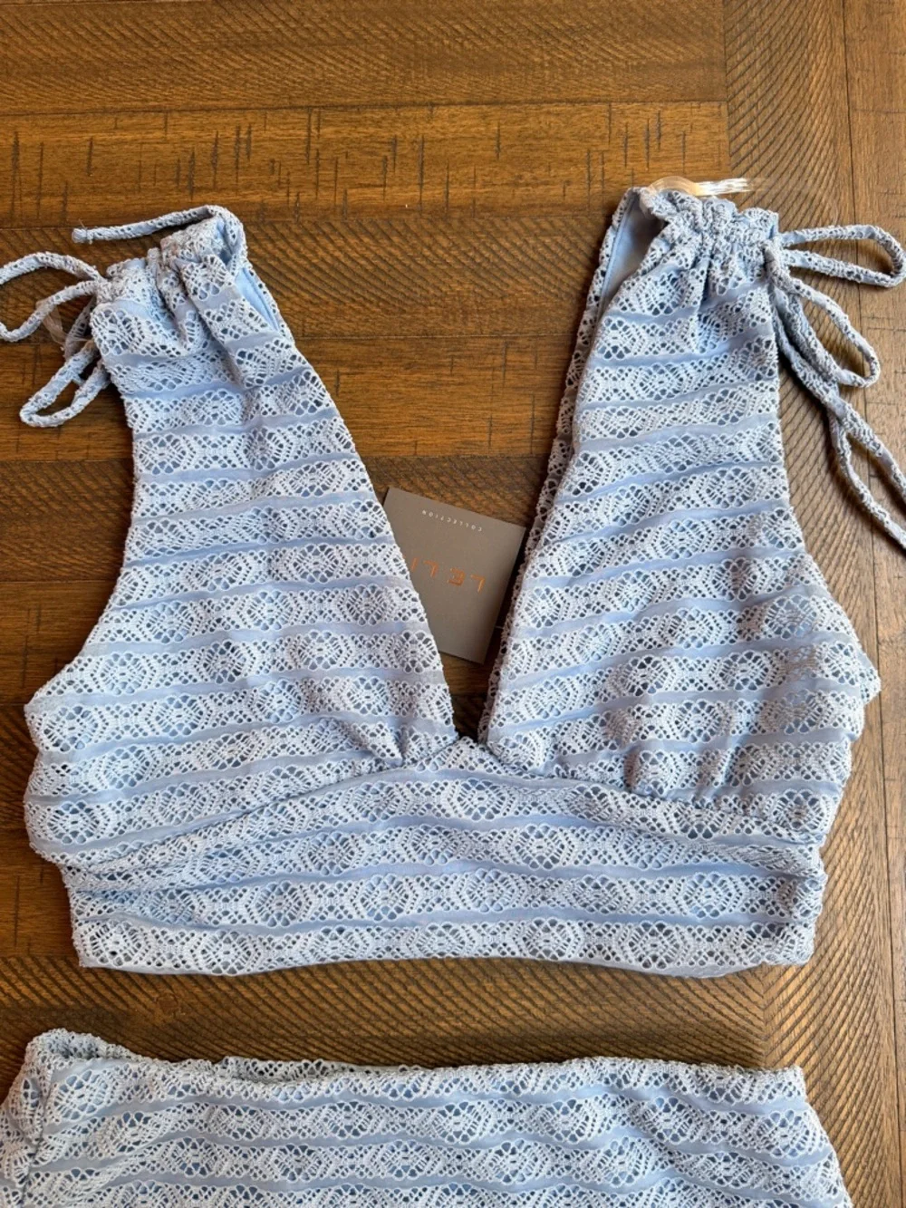 NWT Le Lis Baby Blue Lace Two Piece Set Tie Strap Crop Top Skirt Coquette Size M